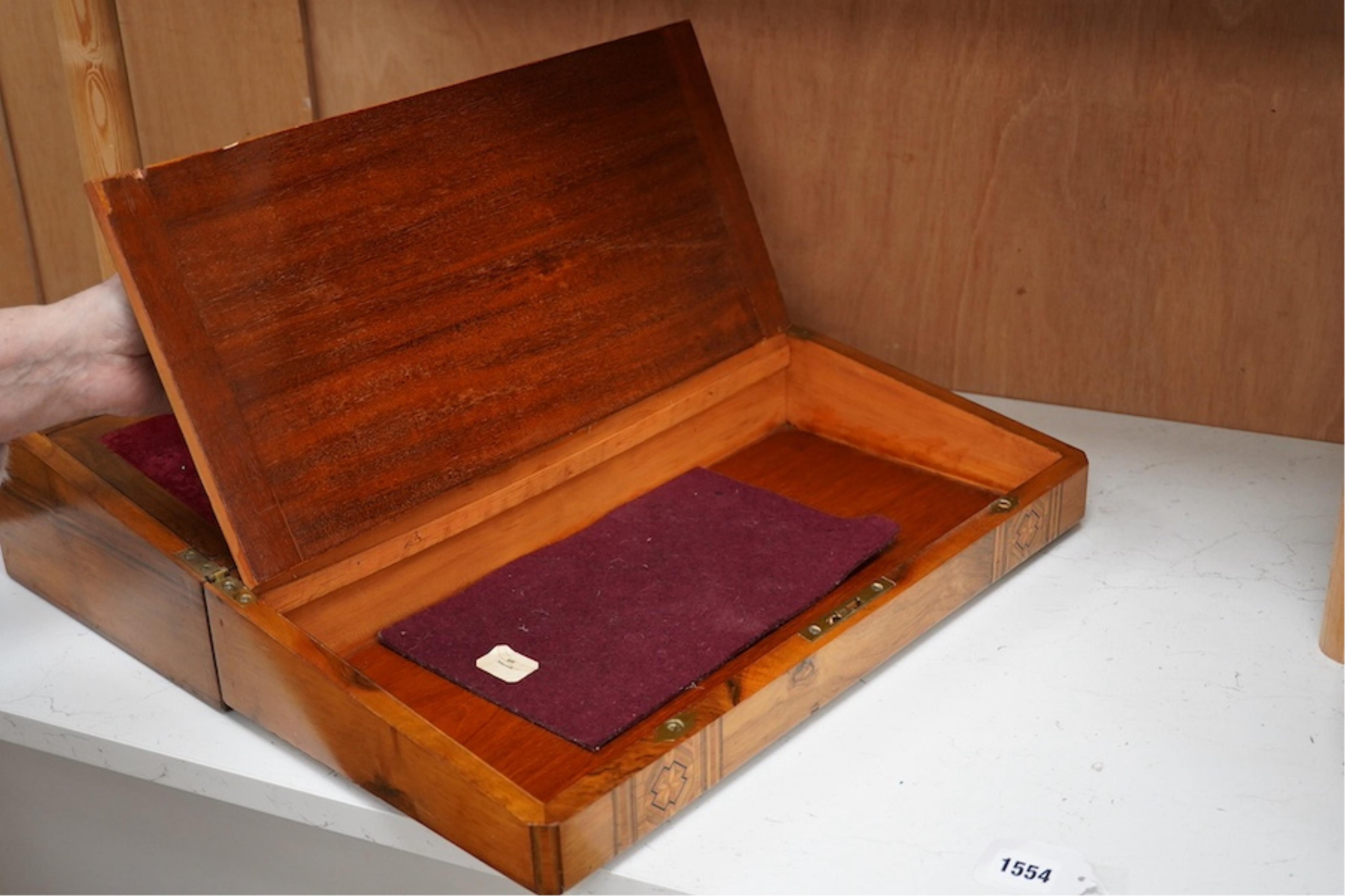 A Victorian inlaid walnut writing slope, 45cm wide x 26cm deep. Condition - brass plaque missing